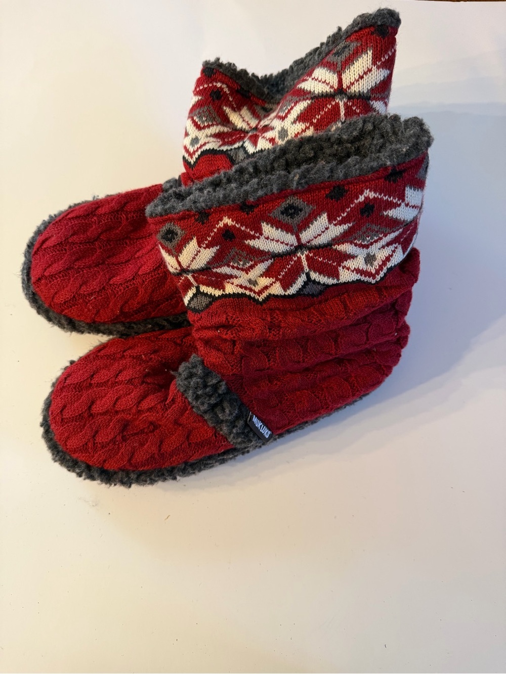 Muk Luks Red Knit Fair Isle Boot Slippers with Gray Trim